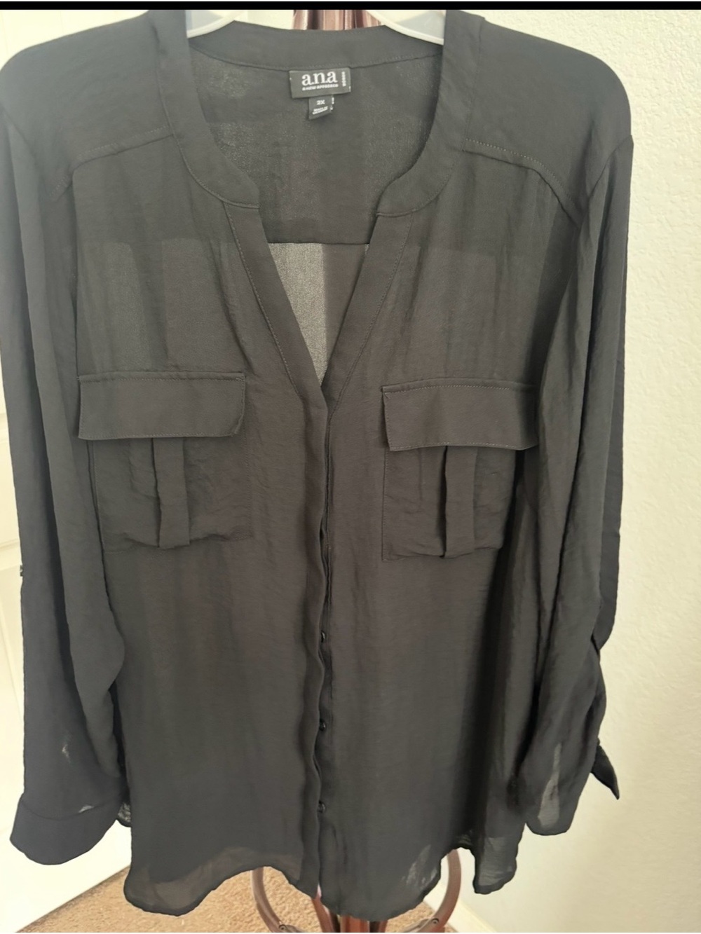 a.n.a Black Semi-Sheer Button-Front Casual Shirt